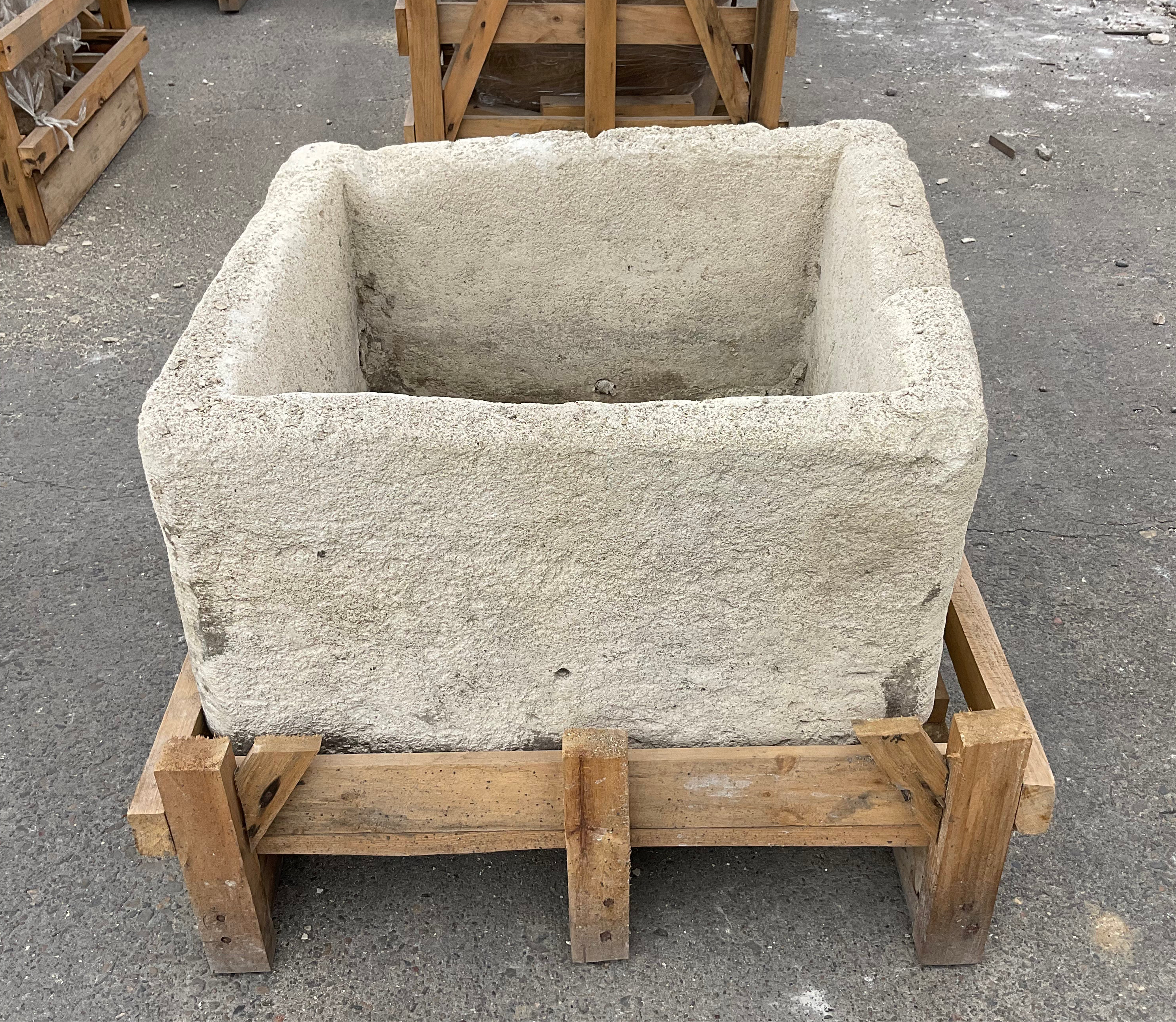 Hand Chiseled Limestone Planter Box - 62 x 52 x 41 cm