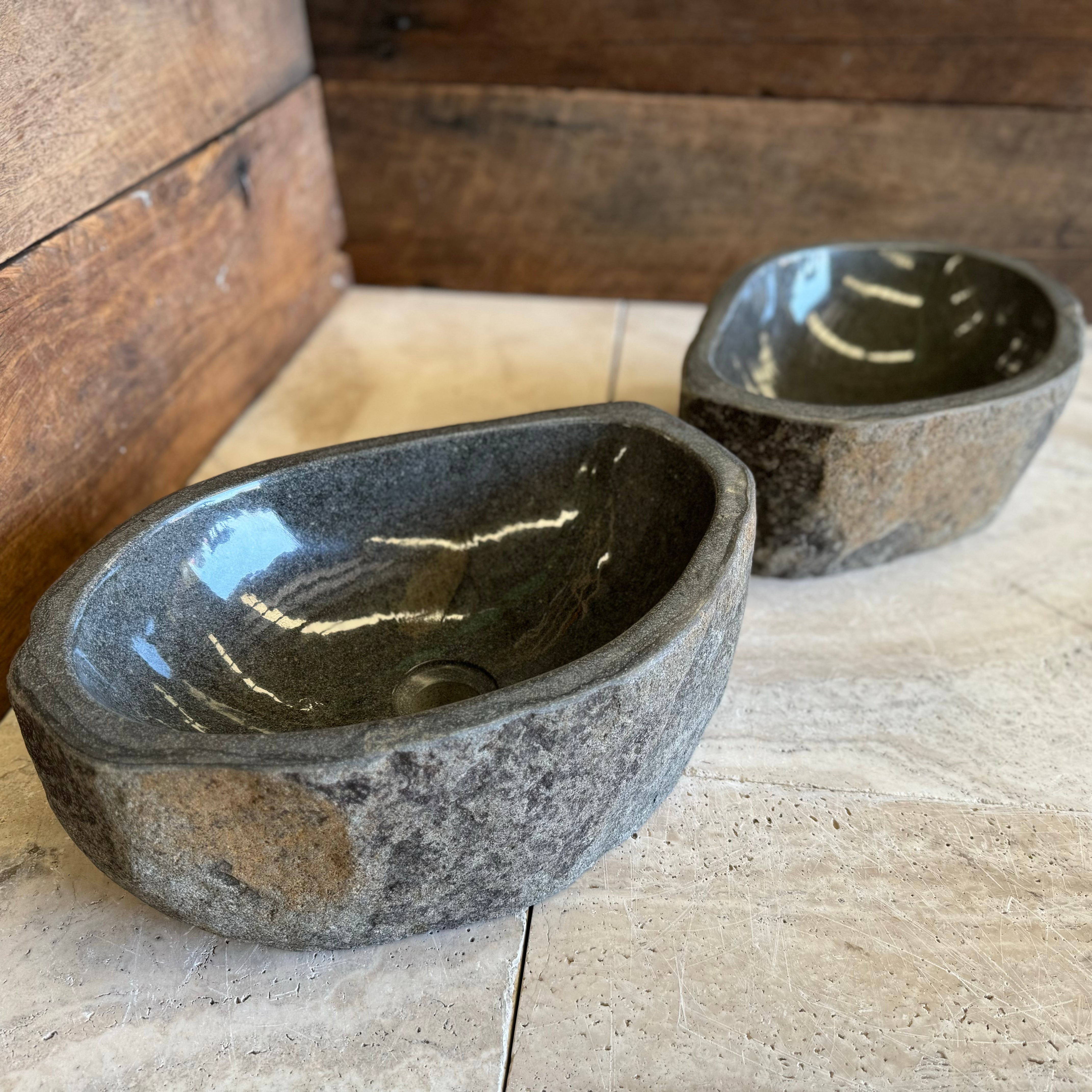 Handmade Natural Oval River Stone Bathroom Basin - Twin Set RM230604