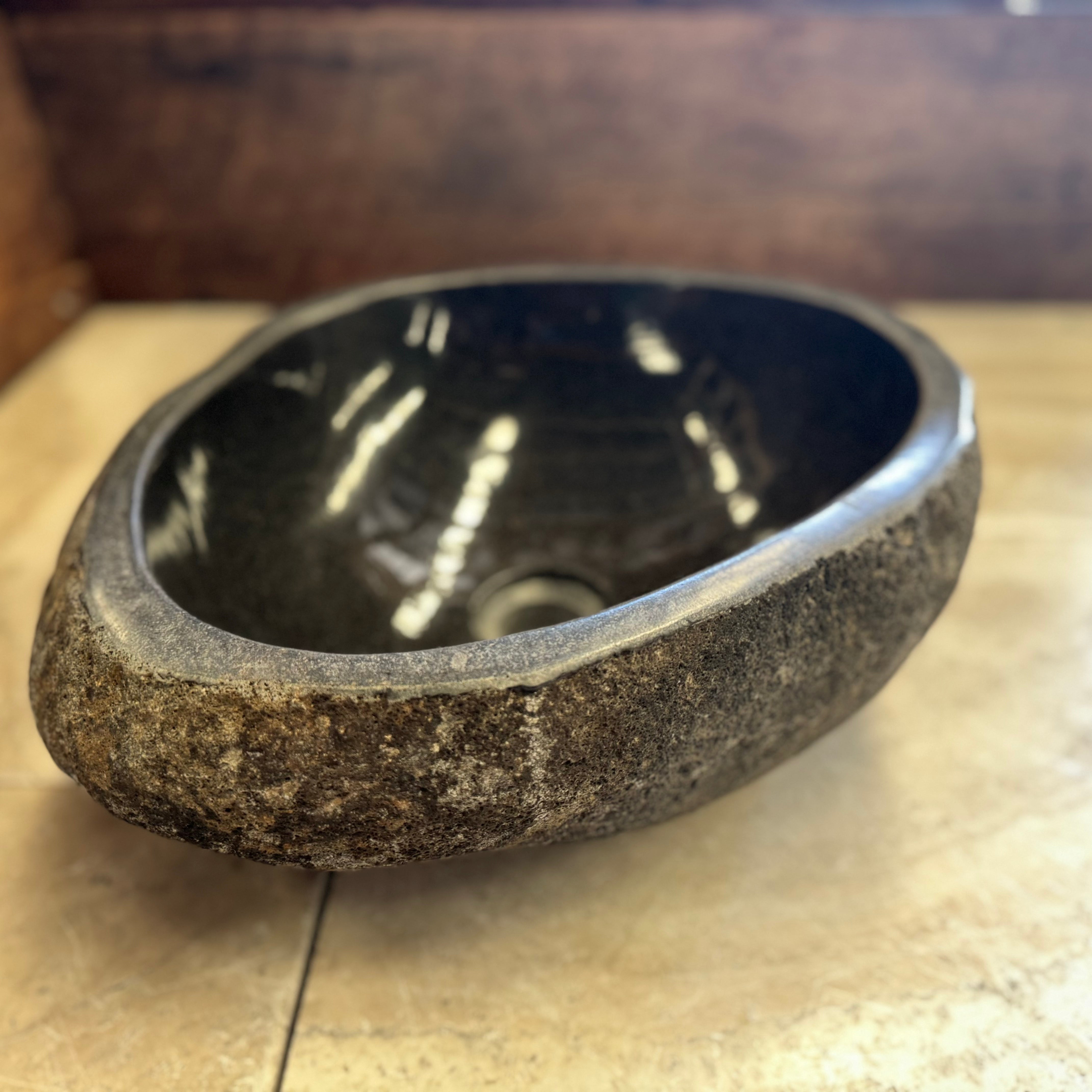 Handmade Natural Oval River Stone Bathroom Basin - RS2306099