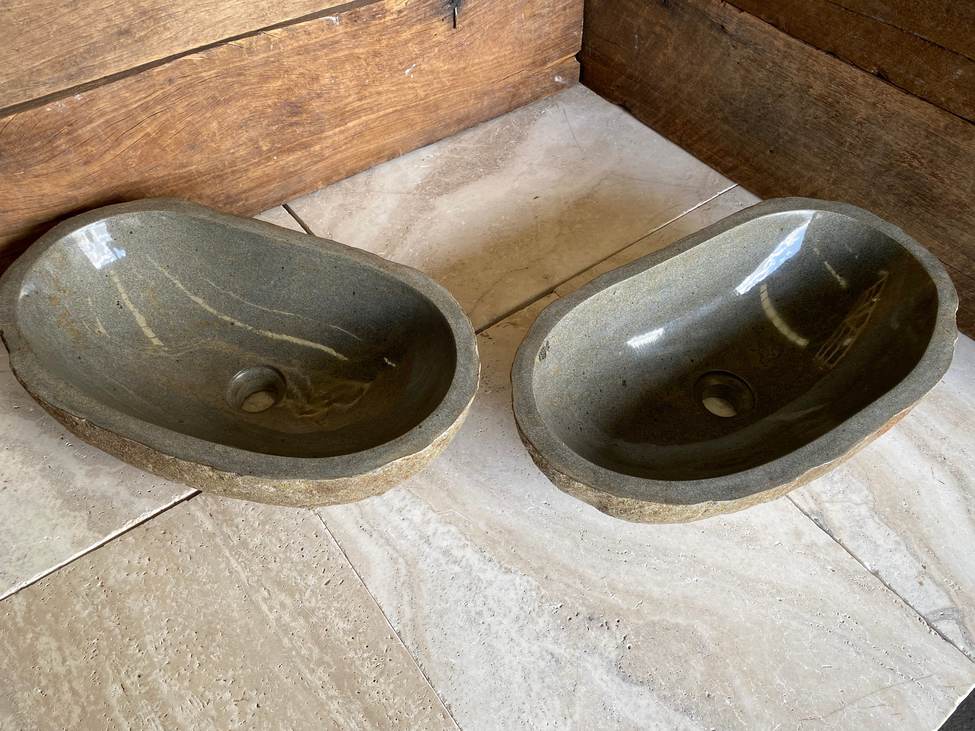 Handmade Natural Oval River Stone Bathroom Basin - Twin Set RL230617