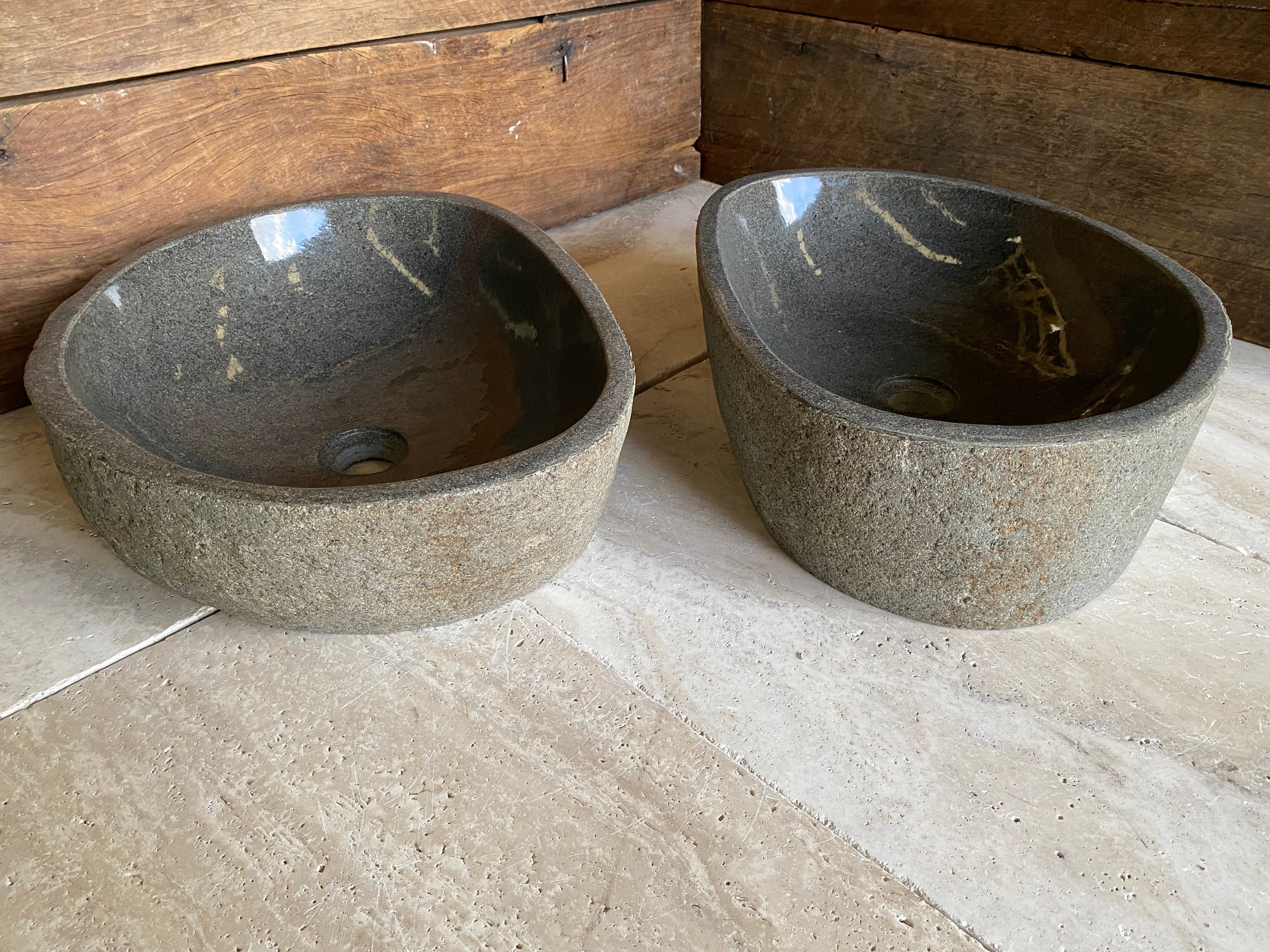 Handmade Natural Oval River Stone Bathroom Basin - Twin Set RL230603