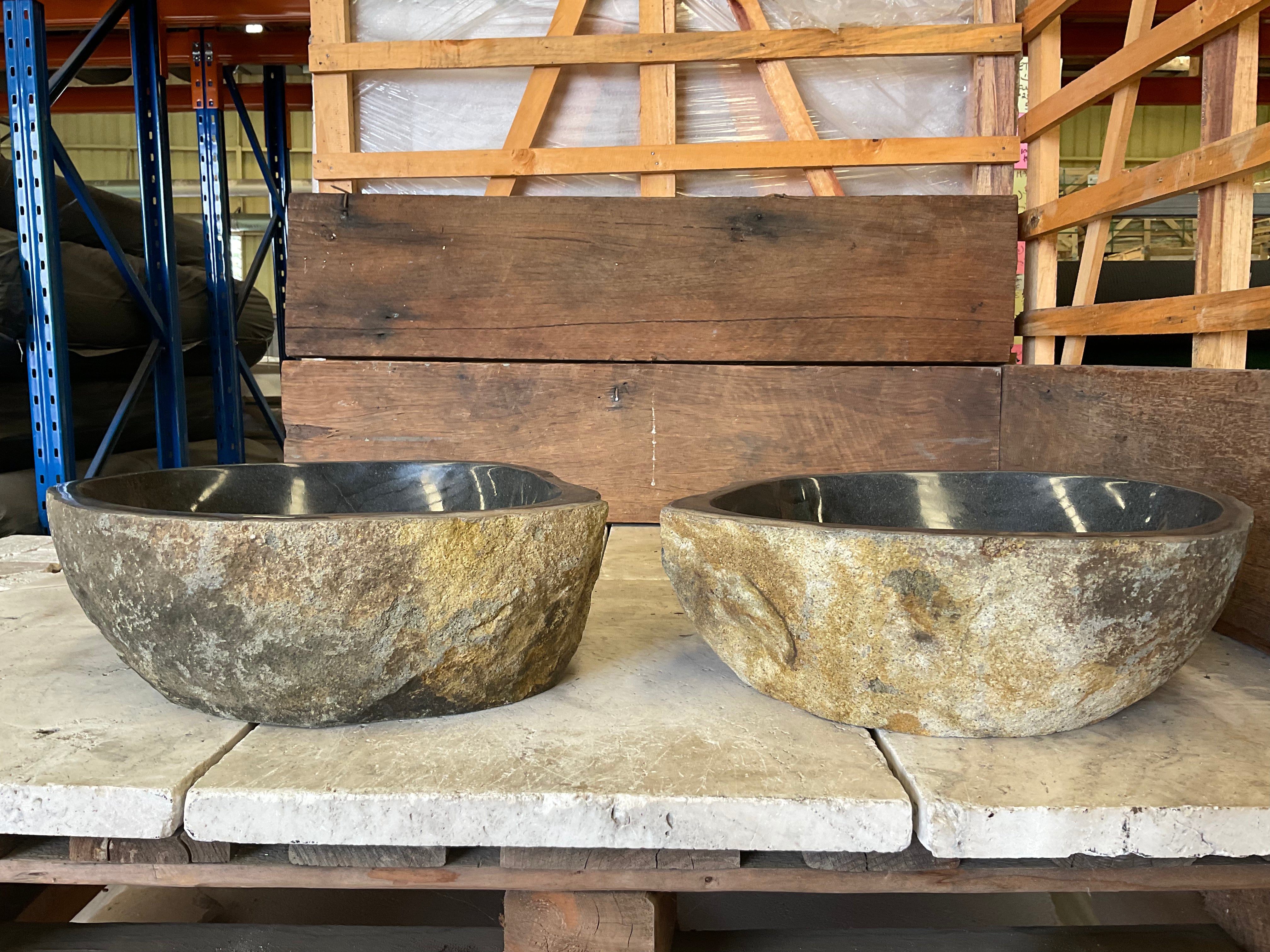 Handmade Natural Oval River Stone Bathroom Basin - Twin Set RS 2309002