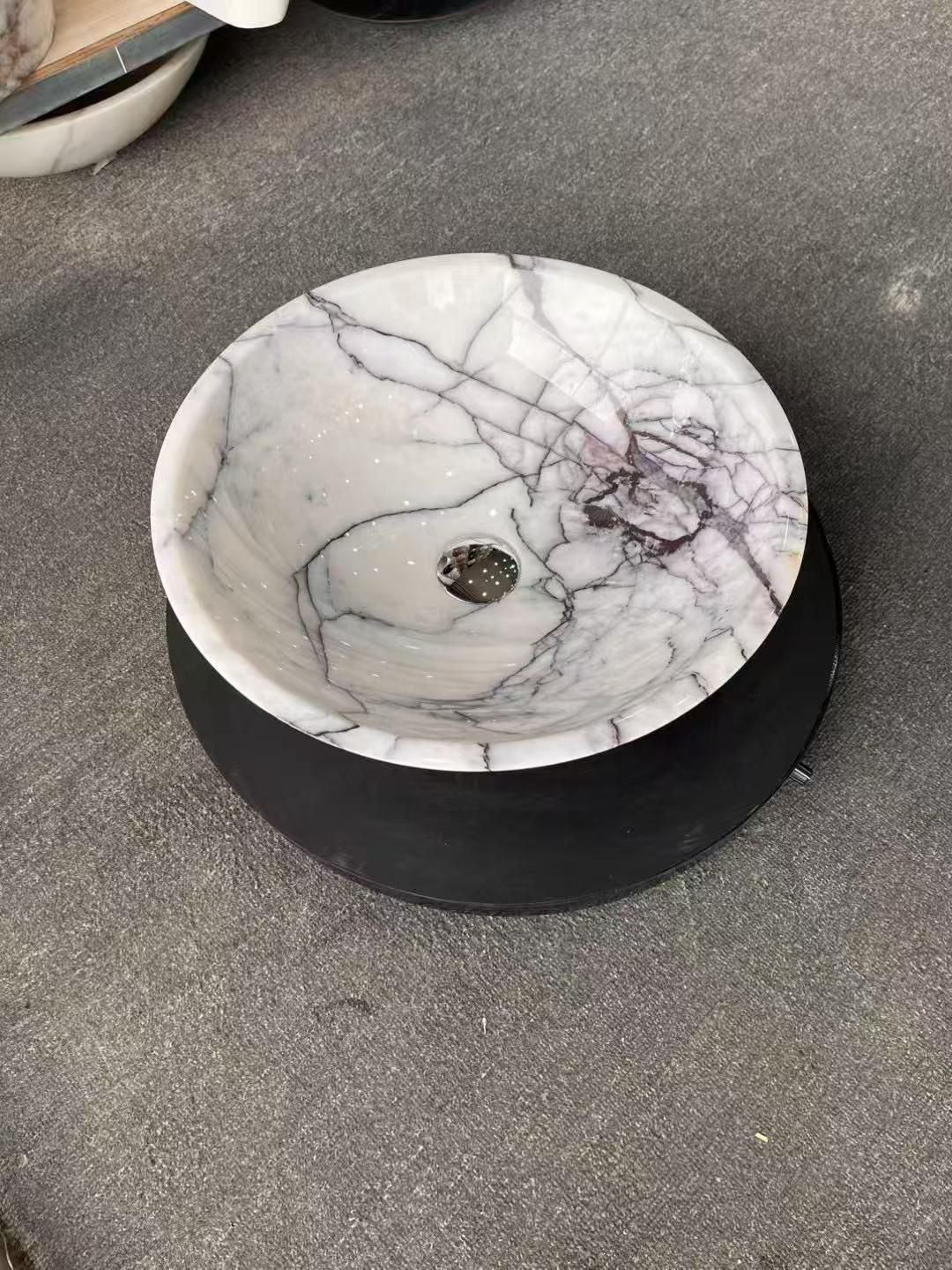 Lilac White Veined Marble Round Basin - Natural Stone - Sink Bowl